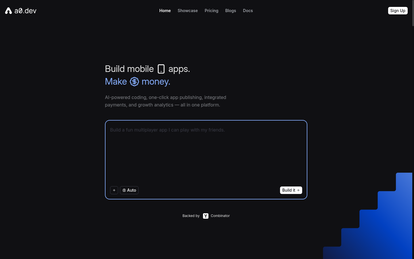 Screenshot of the a0.dev landing page, captured by App Builder Index