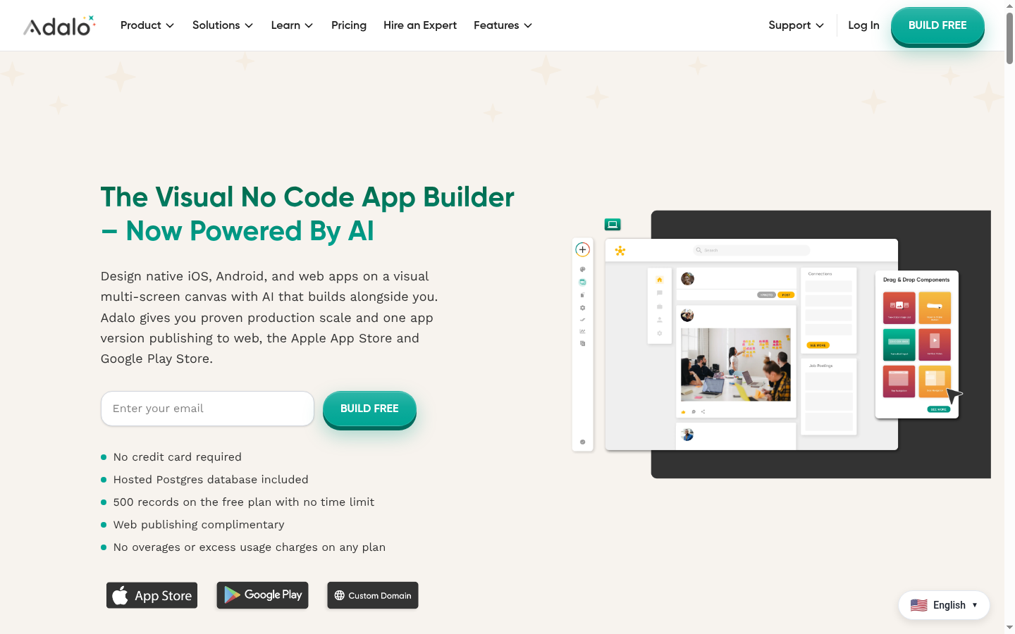Screenshot of the Adalo landing page, captured by App Builder Index