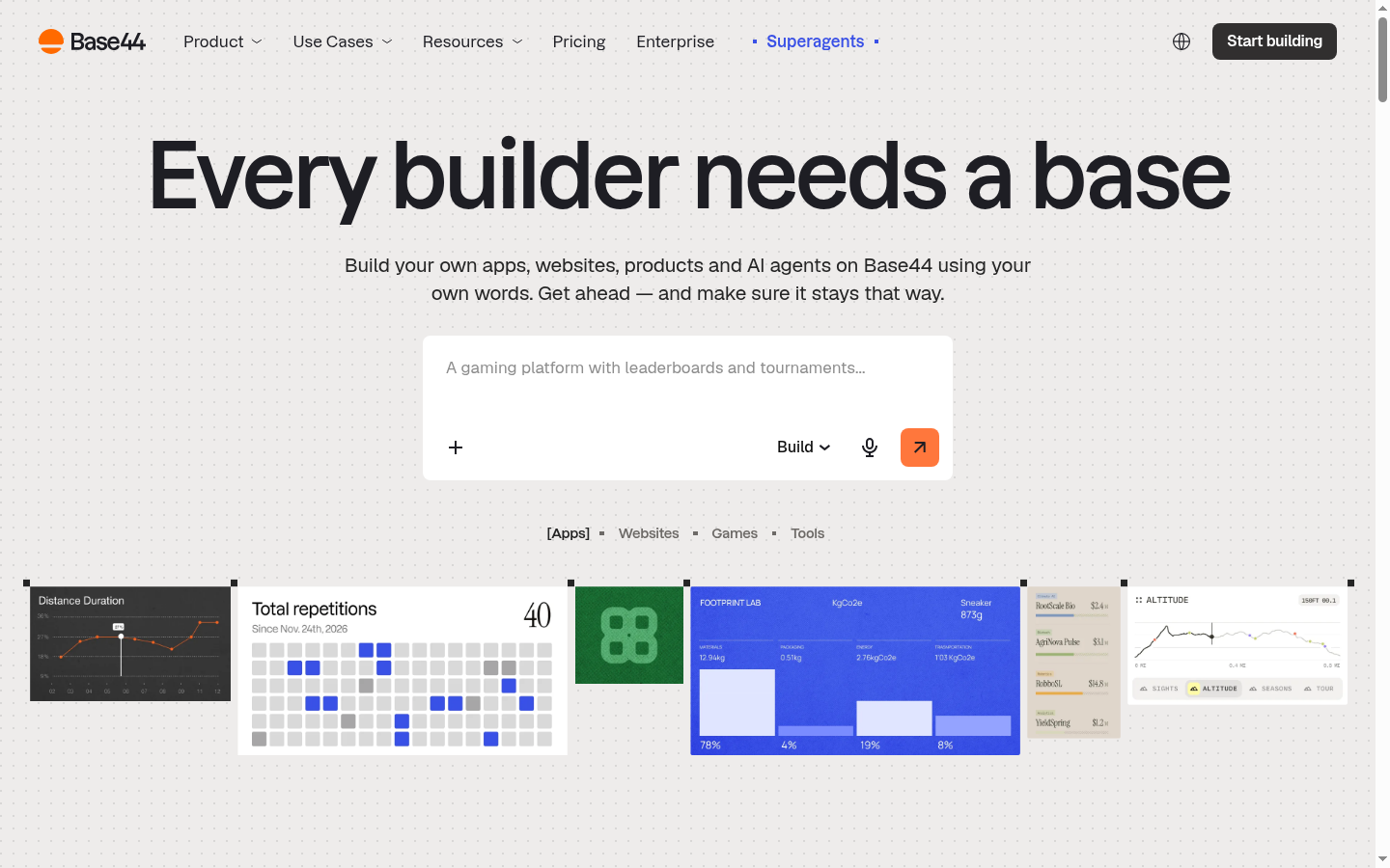 Screenshot of the Base44 landing page, captured by App Builder Index