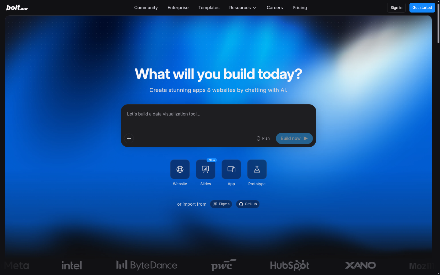 Screenshot of the Bolt.new landing page, captured by App Builder Index