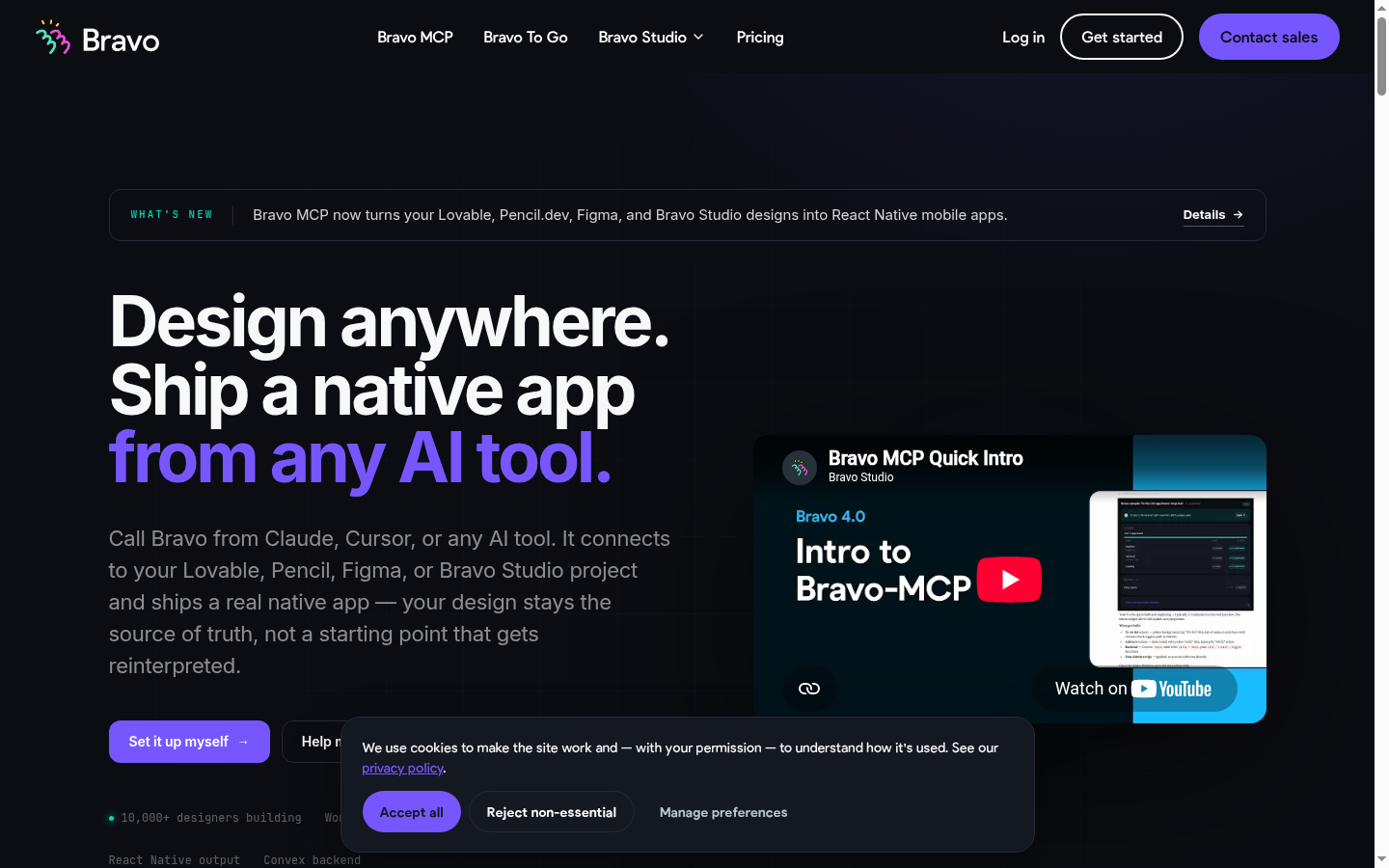 Screenshot of the Bravo Studio landing page, captured by App Builder Index