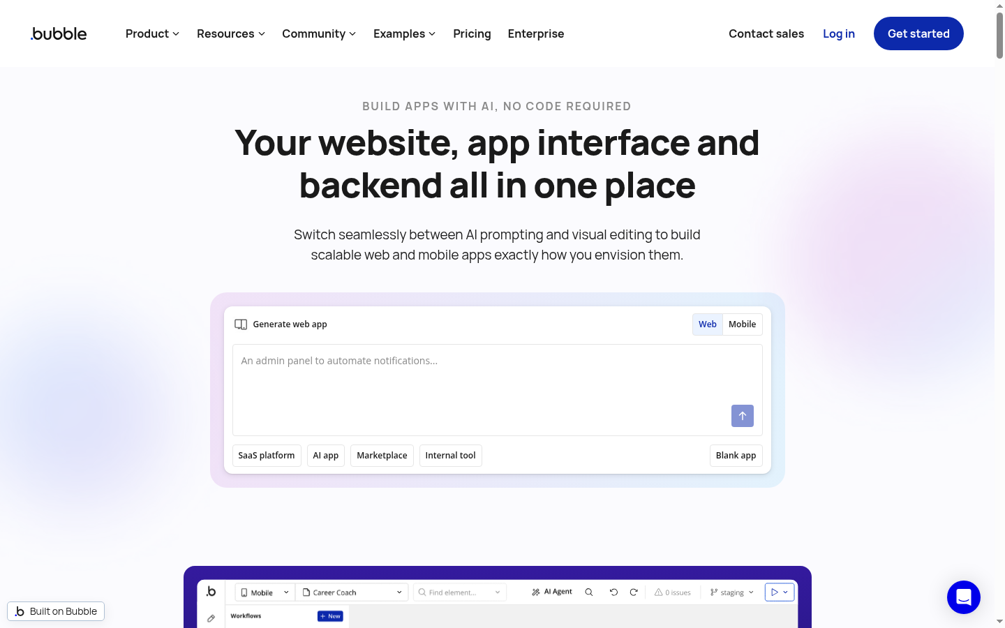 Screenshot of the Bubble landing page, captured by App Builder Index
