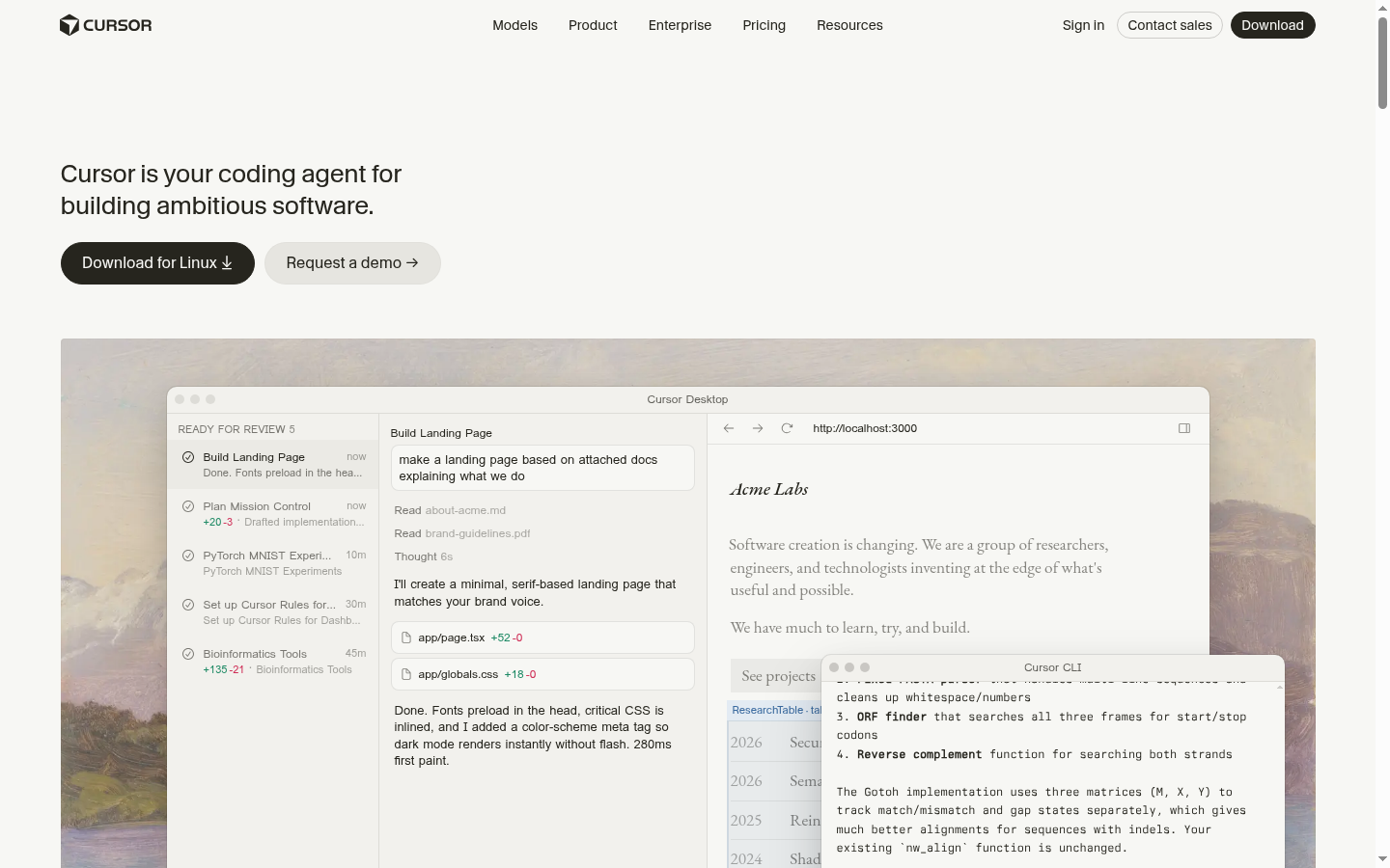 Screenshot of the Cursor landing page, captured by App Builder Index