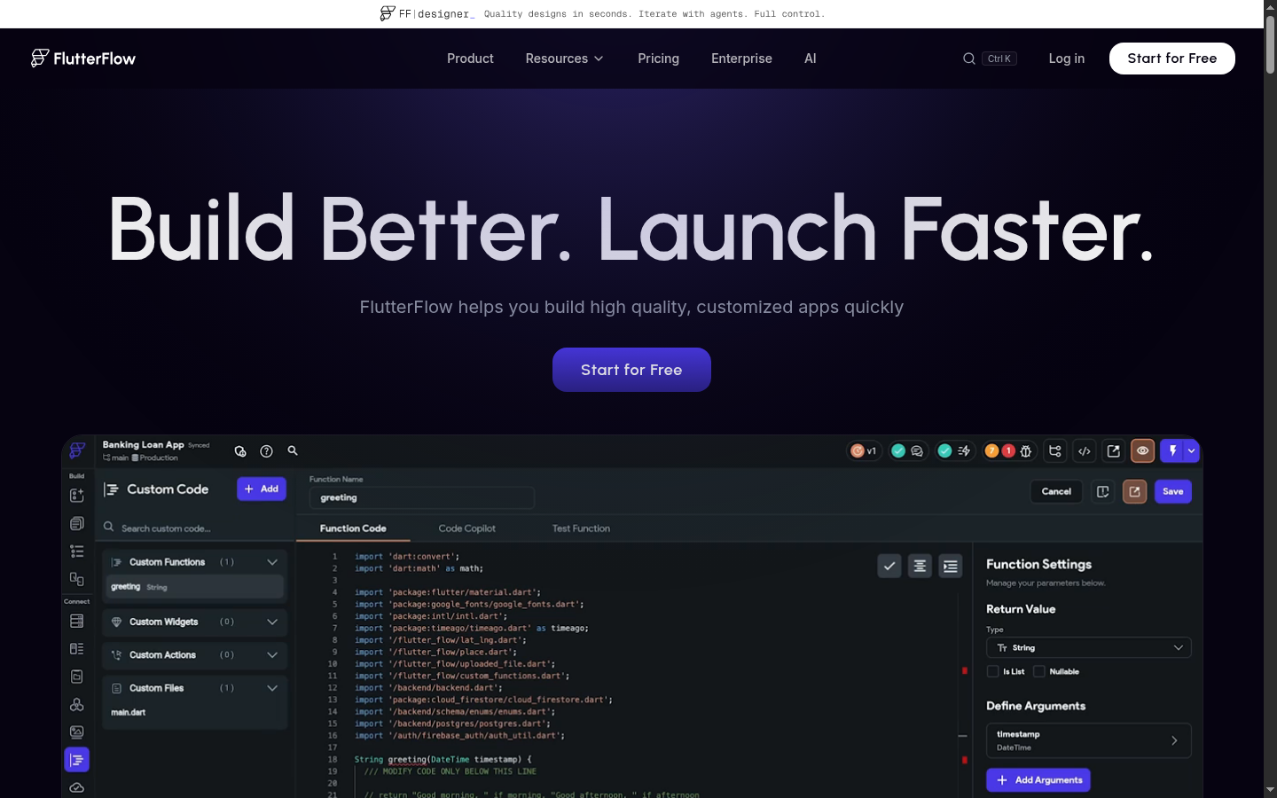 Screenshot of the FlutterFlow landing page, captured by App Builder Index