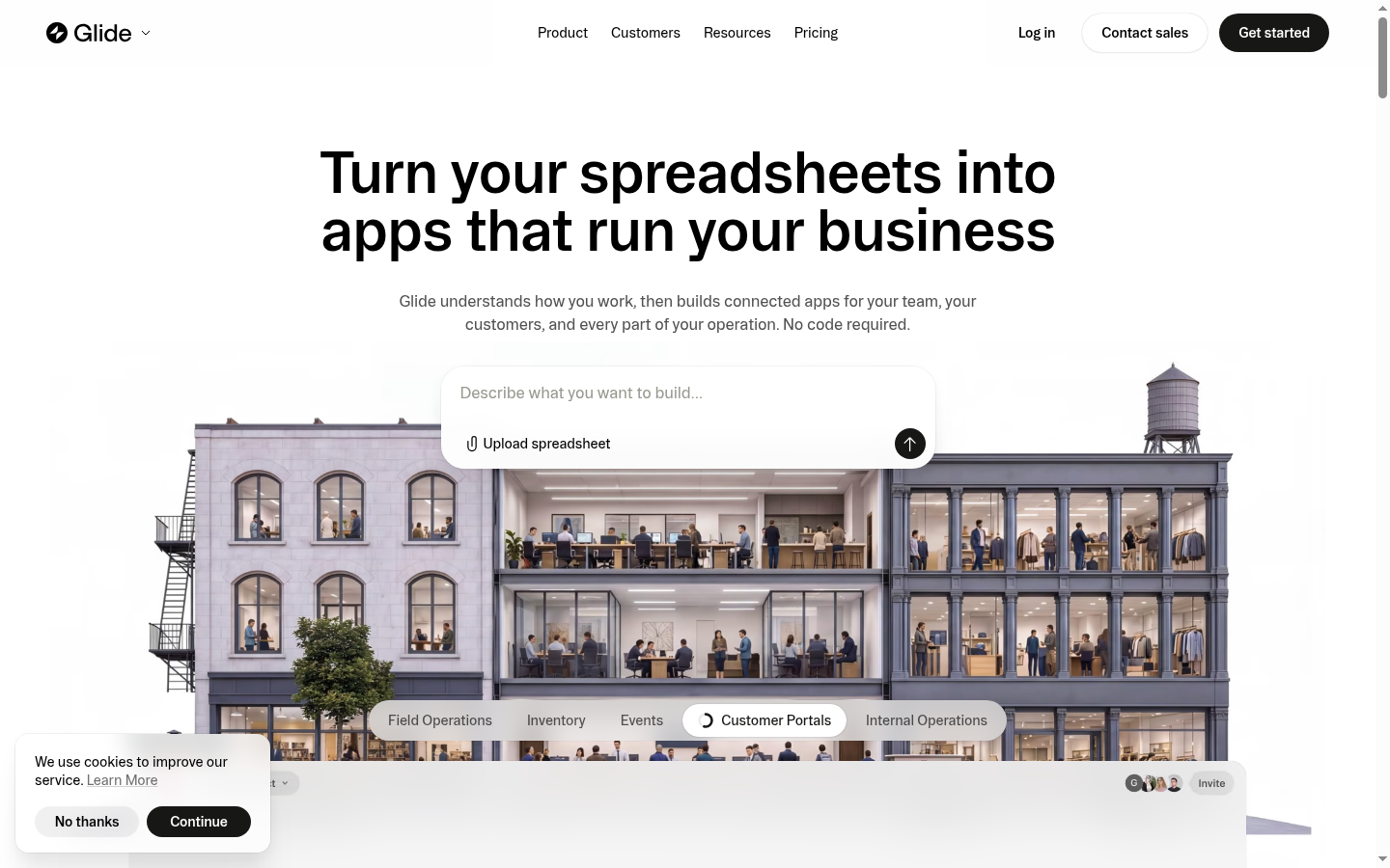 Screenshot of the Glide landing page, captured by App Builder Index