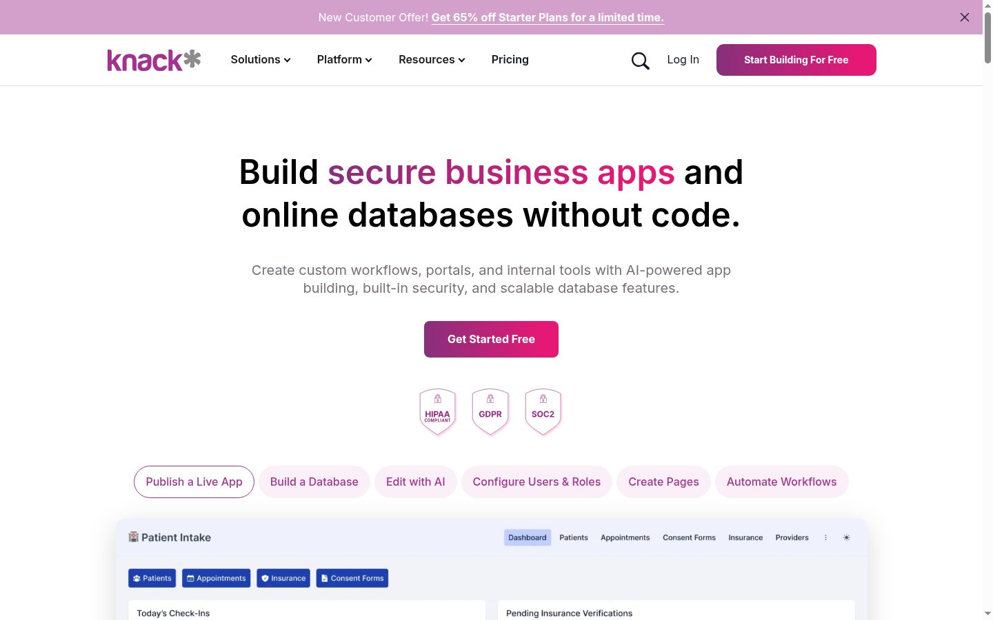 Screenshot of the Knack landing page, captured by App Builder Index