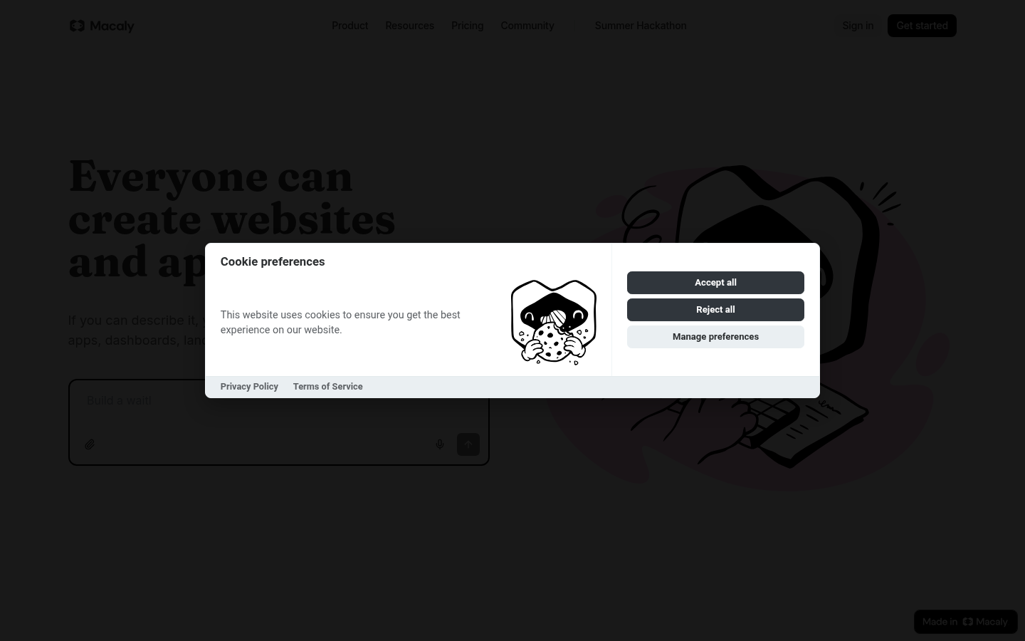 Screenshot of the Macaly landing page, captured by App Builder Index
