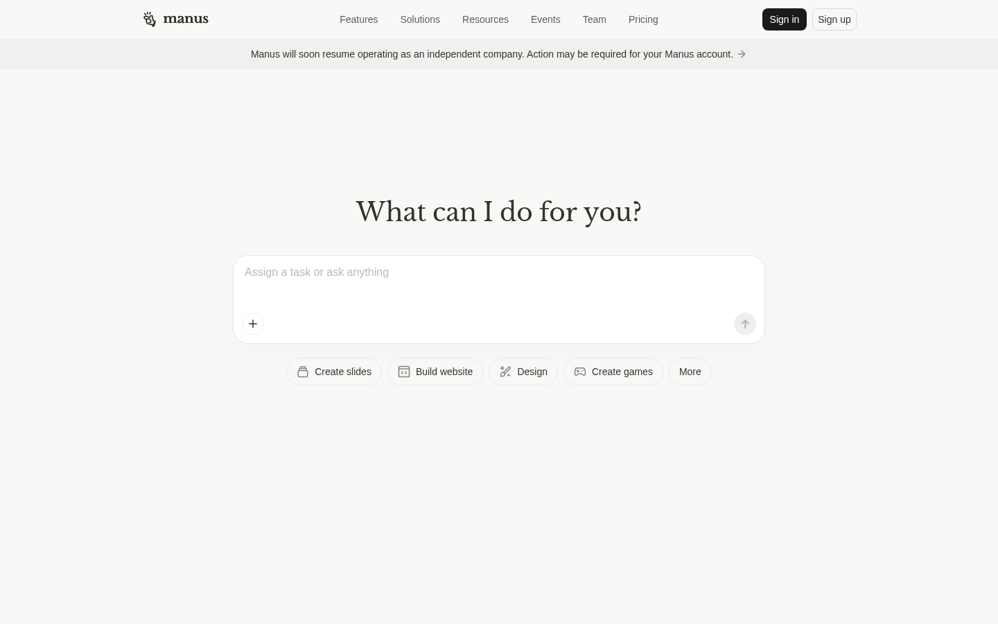 Screenshot of the Manus landing page, captured by App Builder Index