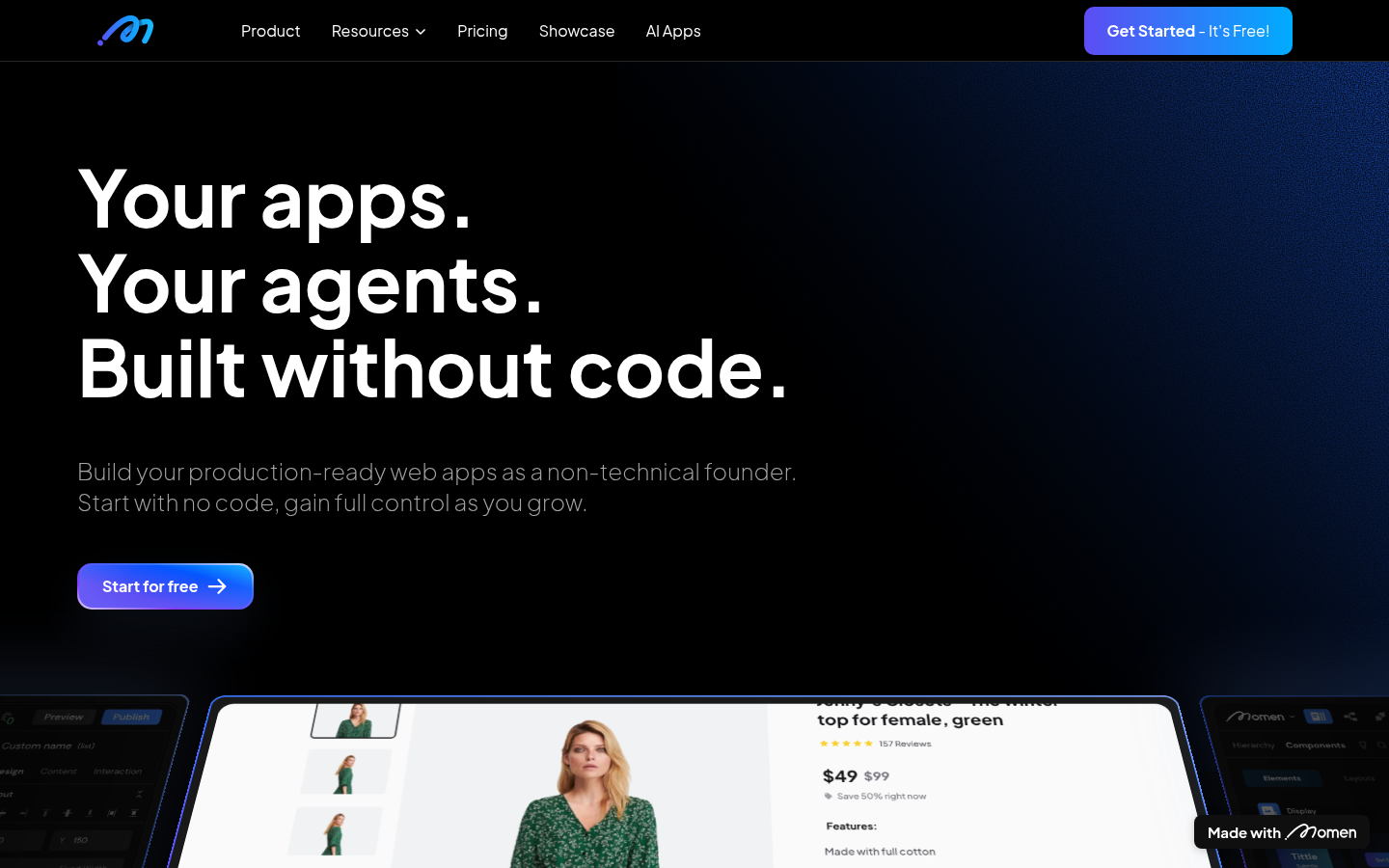 Screenshot of the Momen landing page, captured by App Builder Index