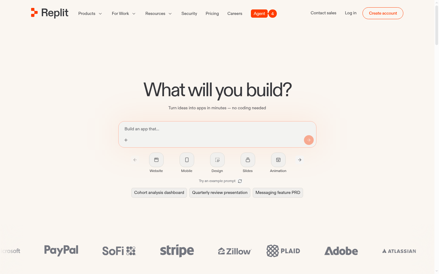 Screenshot of the Replit landing page, captured by App Builder Index