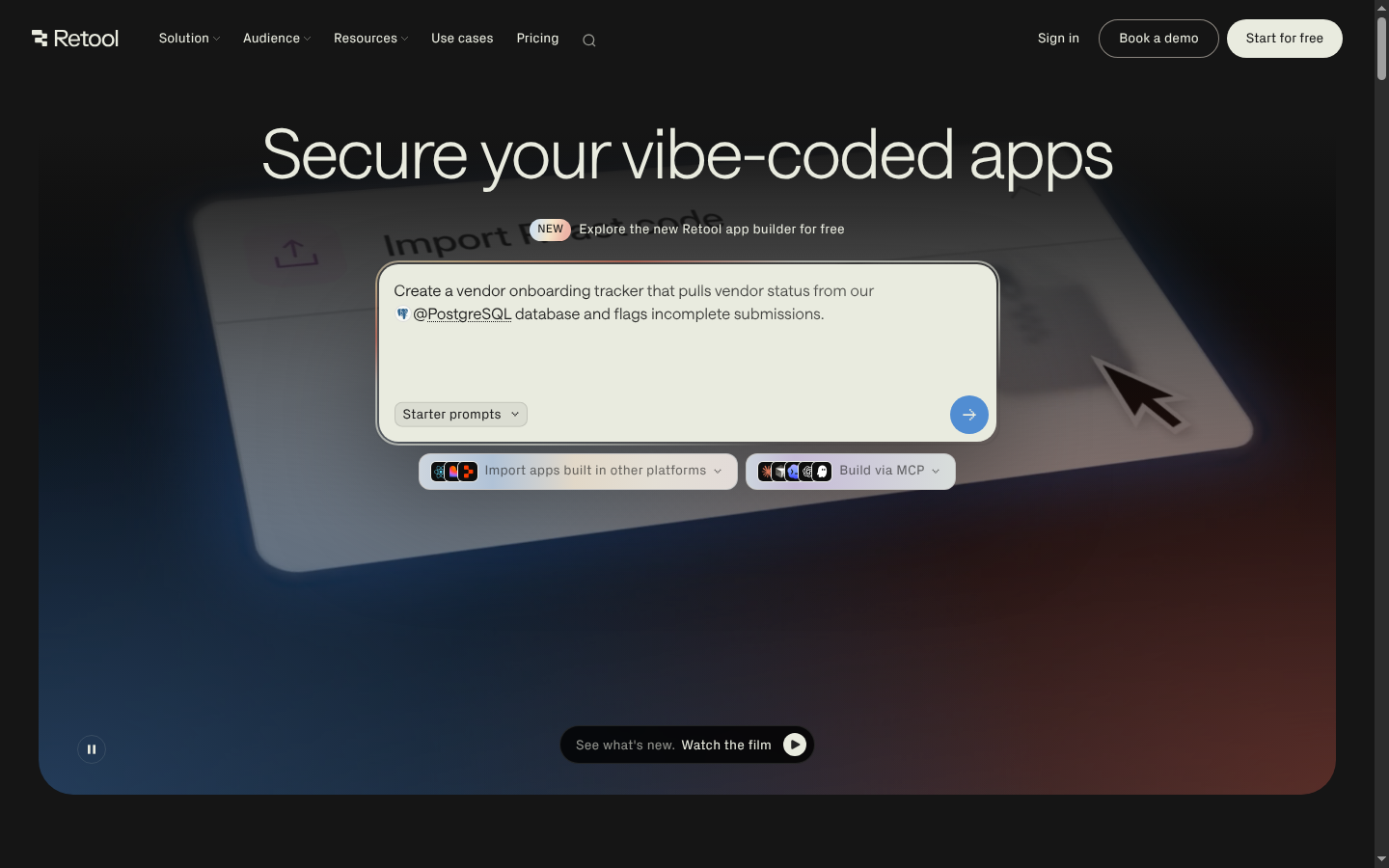 Screenshot of the Retool landing page, captured by App Builder Index