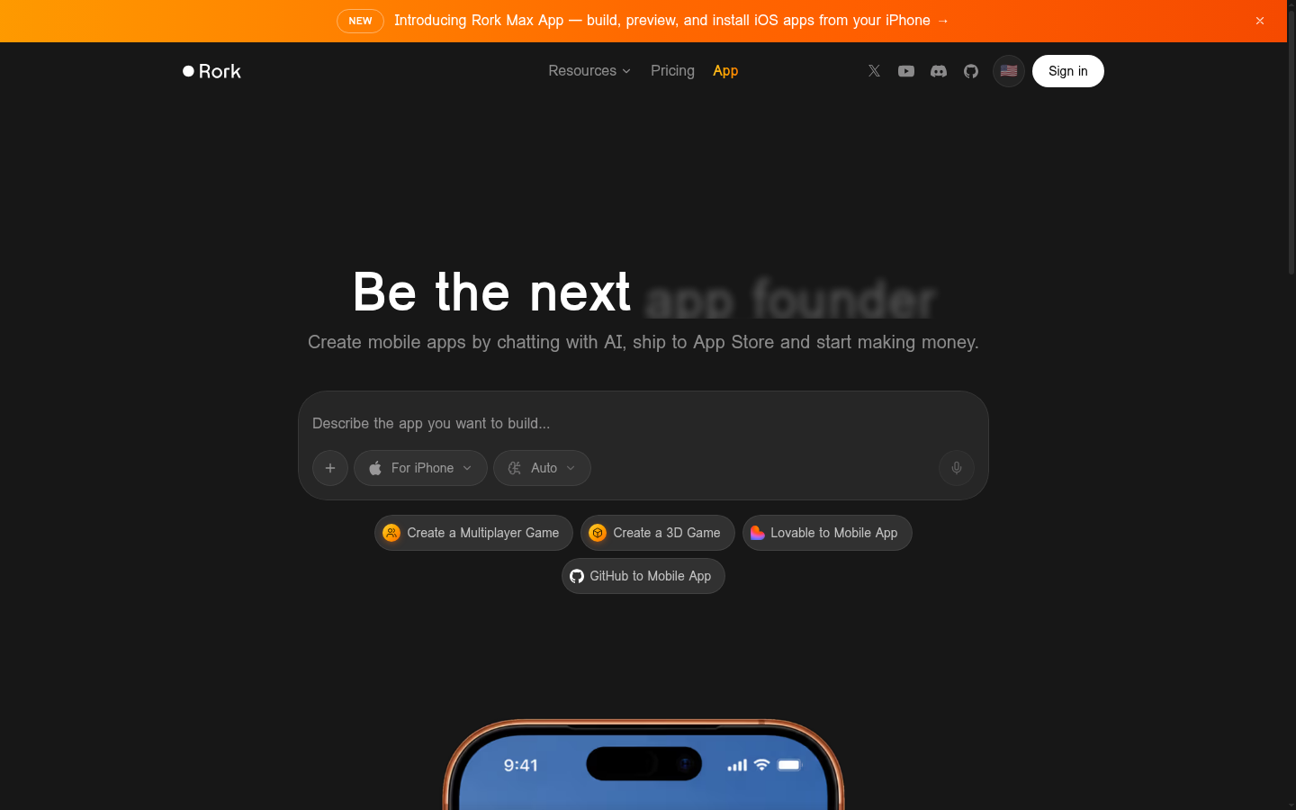 Screenshot of the Rork landing page, captured by App Builder Index