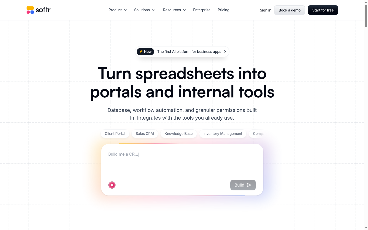 Screenshot of the Softr landing page, captured by App Builder Index