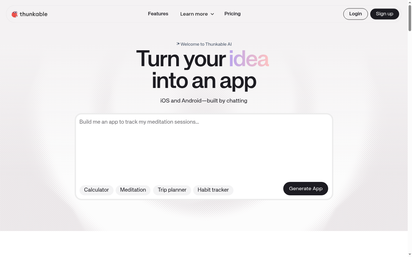 Screenshot of the Thunkable landing page, captured by App Builder Index