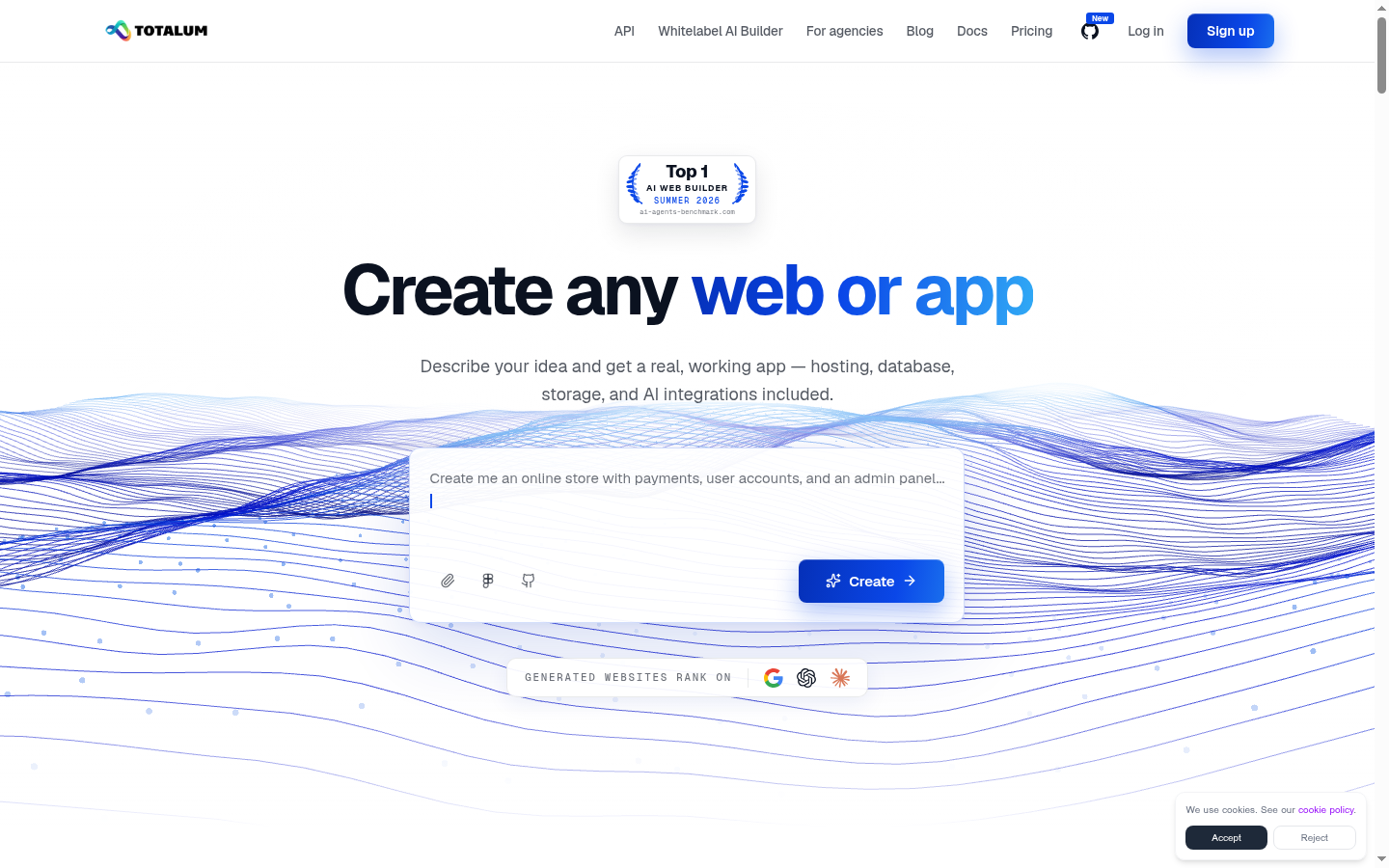 Screenshot of the Totalum landing page, captured by App Builder Index