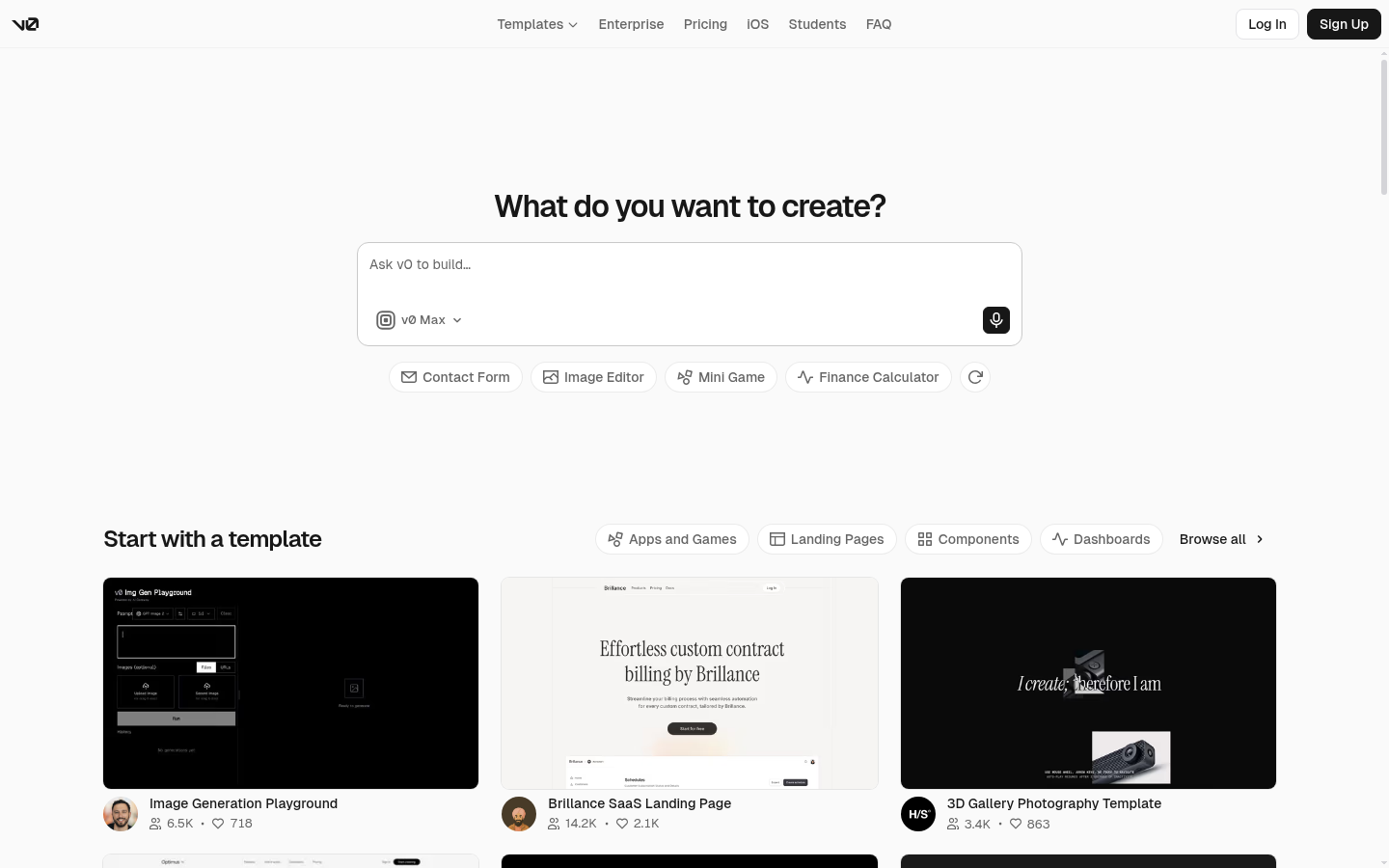Screenshot of the v0 landing page, captured by App Builder Index