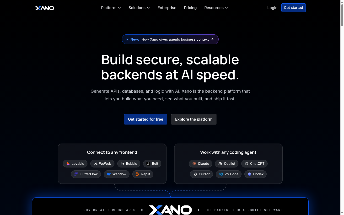 Screenshot of the Xano landing page, captured by App Builder Index