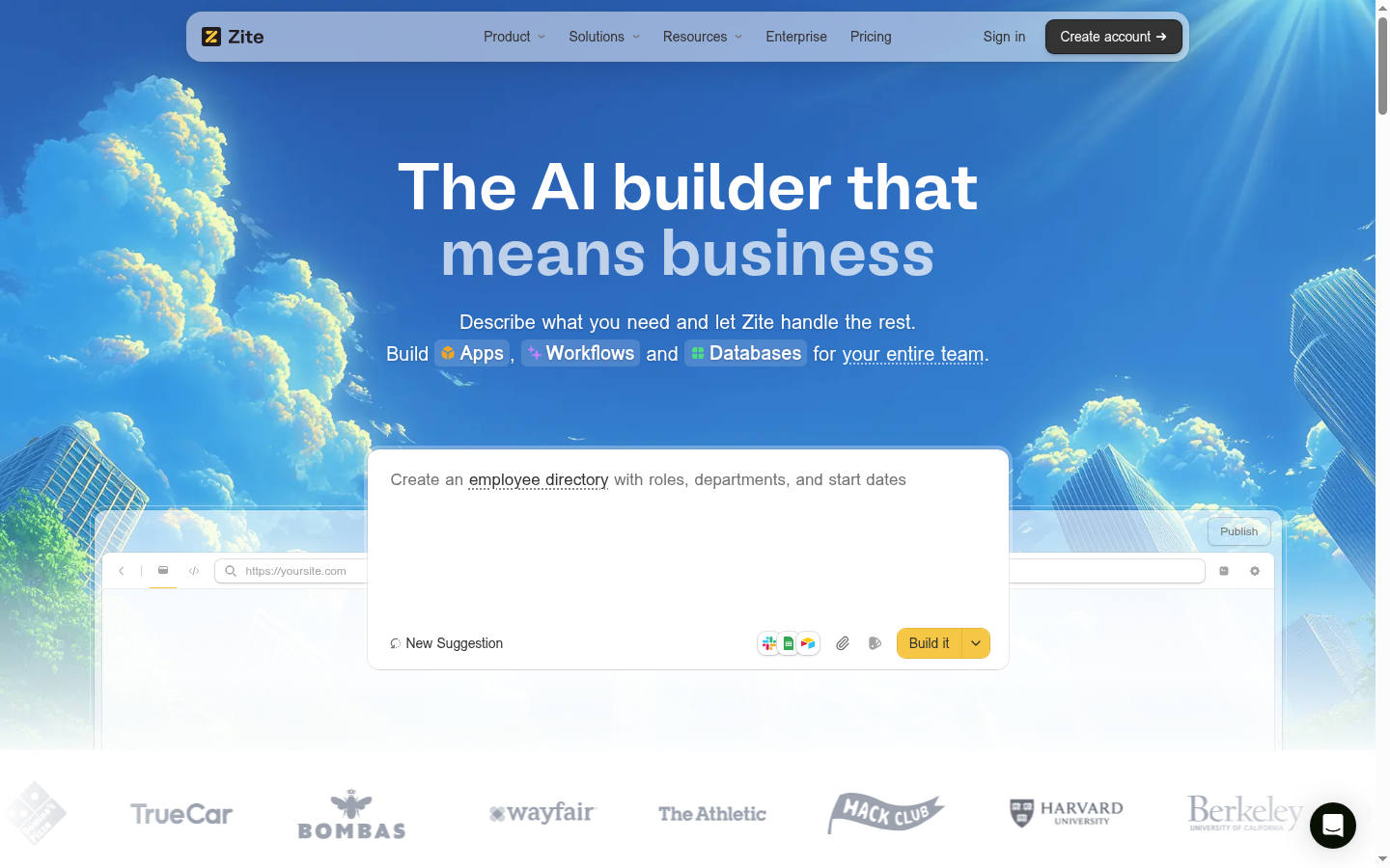 Screenshot of the Zite landing page, captured by App Builder Index